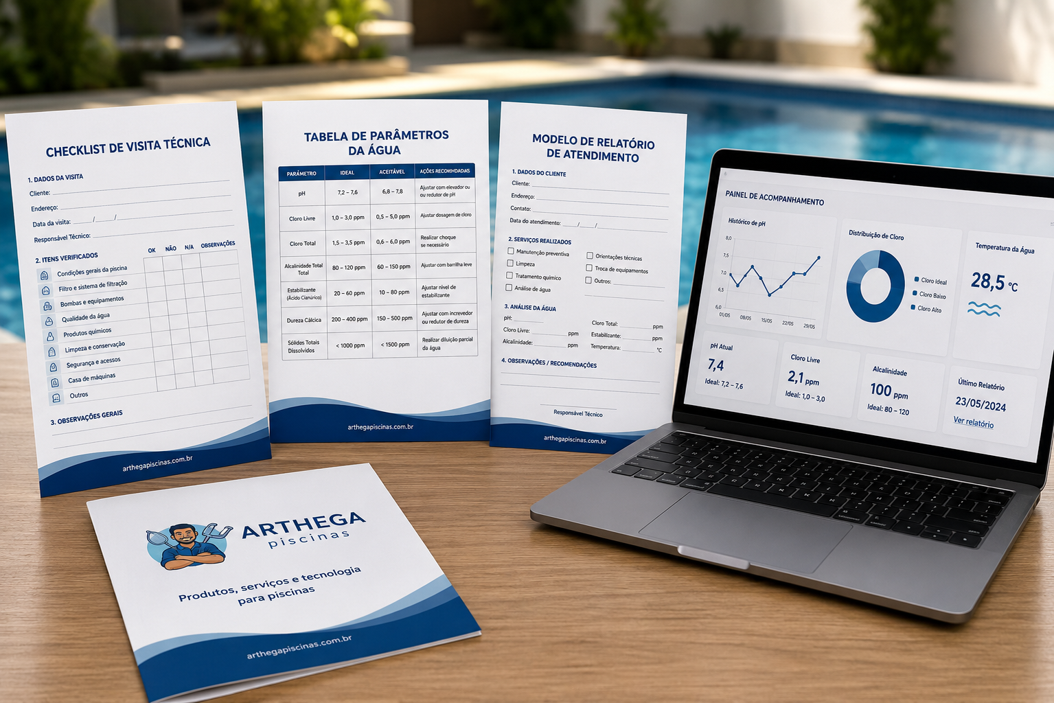 Kit Profissional Arthega com checklist de visita, tabela de parâmetros, relatório e planilha de acompanhamento